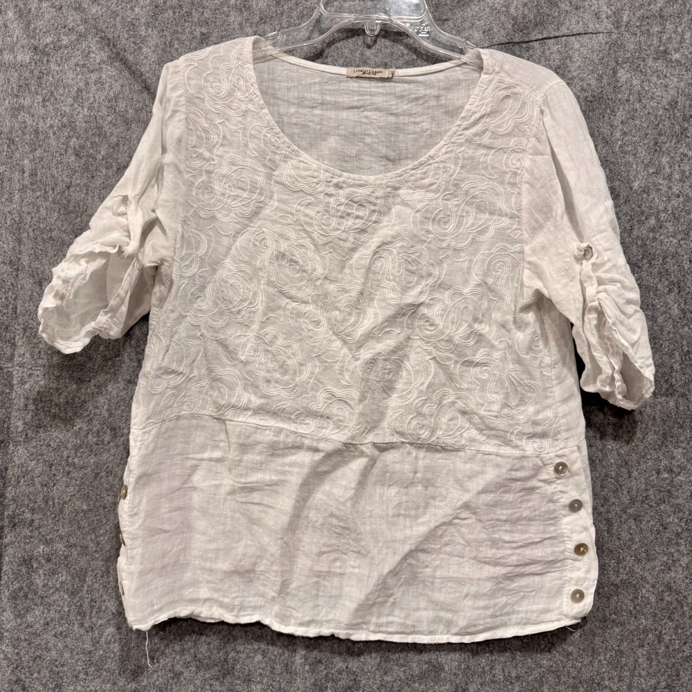 Lungo L'Arno Shirt Womens Medium‎ White Linen 3/4 Sleeve Tunic Made In Italy